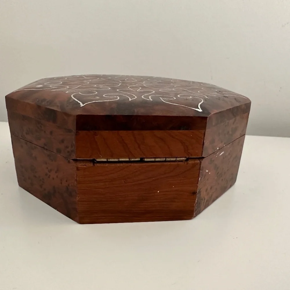 Burr Walnut Hexagon Jewelry Box Trinket Vintage Classic